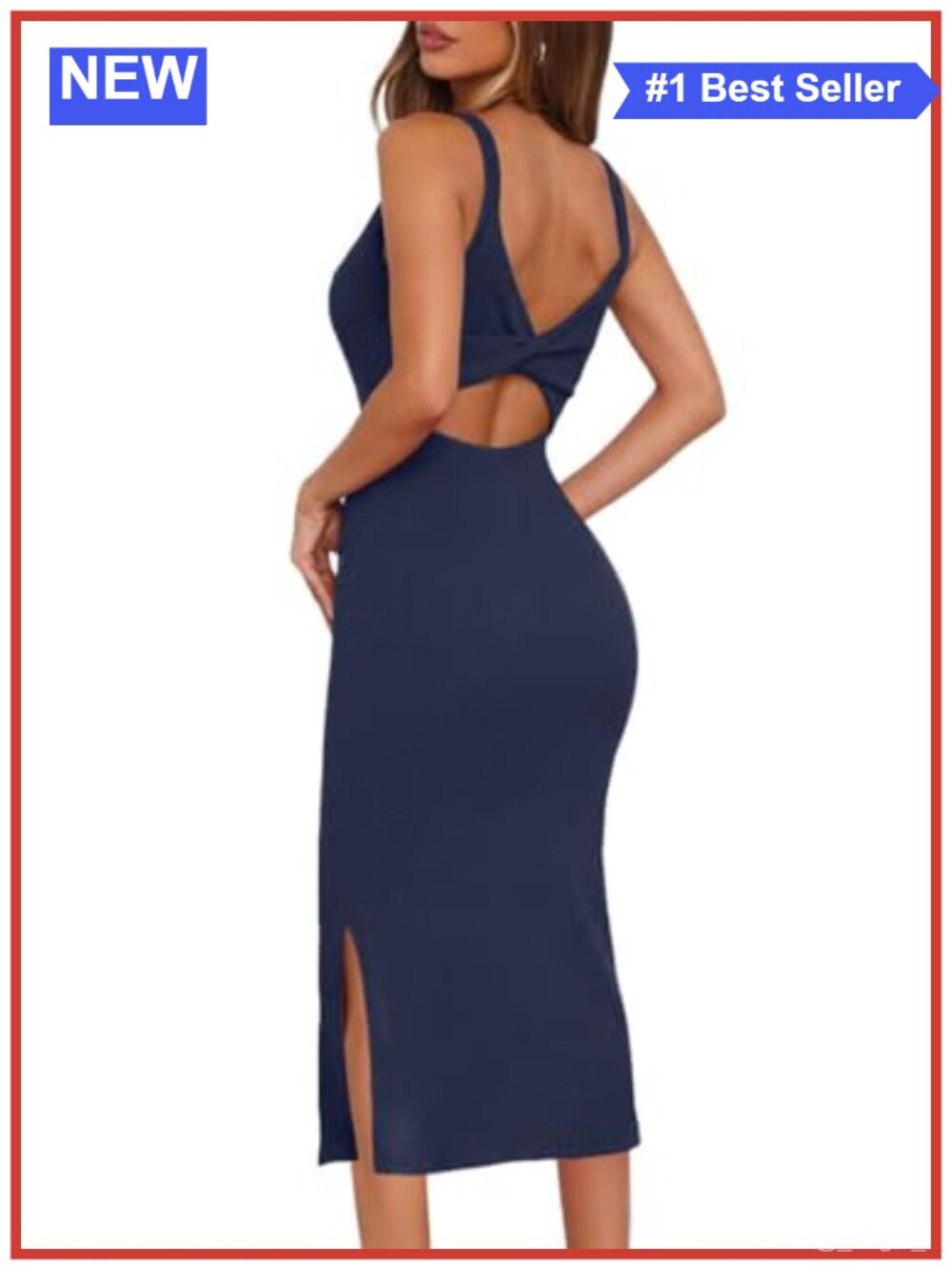 Ribbed Knit Bodycon Midi Dress Twist Backless Side Split Sleeveless Party